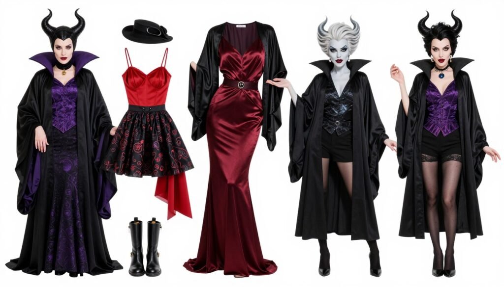 Collection of stylish Disney villain inspired outfits with bold colors and edgy elements
