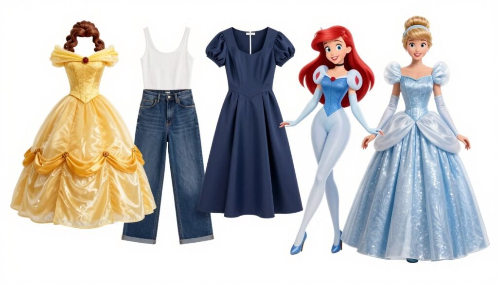 Collection of subtle Disney Princess inspired outfits showcasing different color schemes