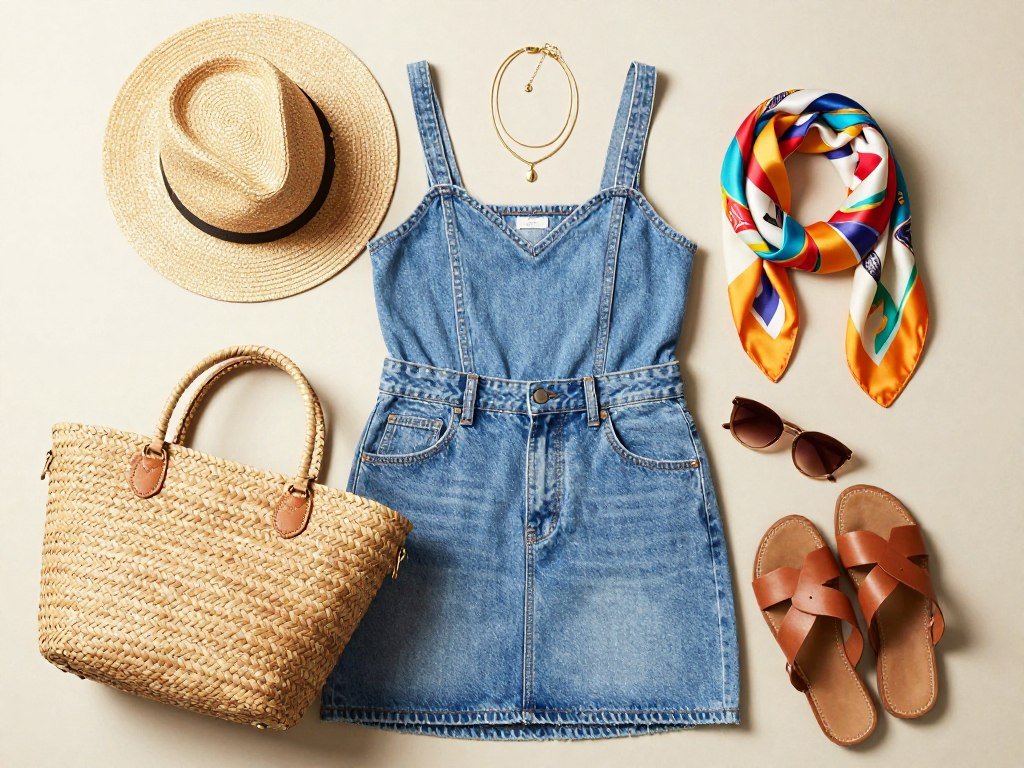 Collection of summer accessories including straw hats, woven bags, colorful scarves, and layered jewelry styled with various jean skirt outfits for summer
