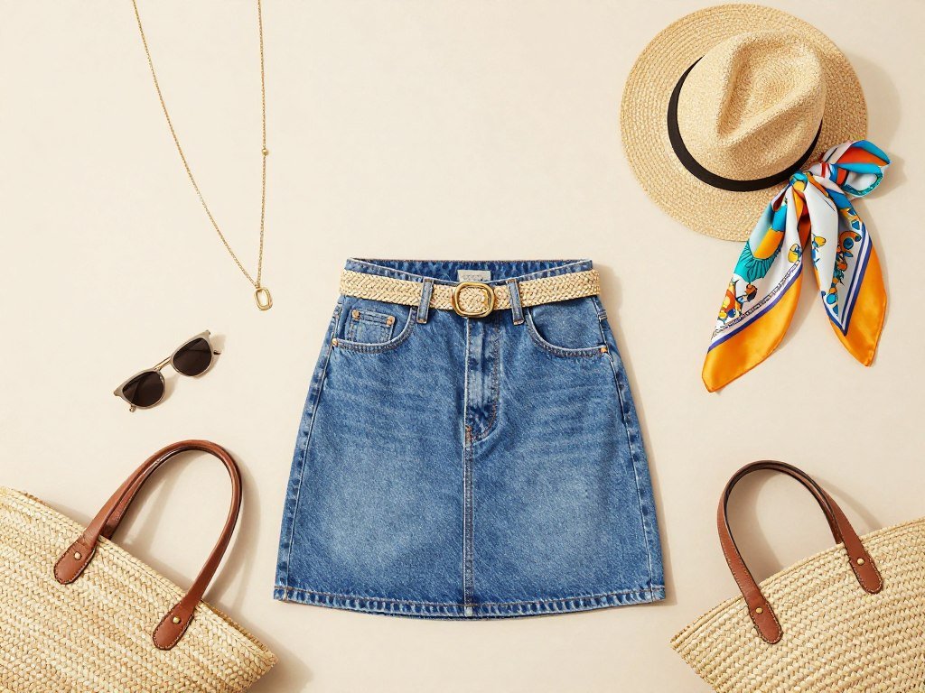 Collection of summer accessories to pair with jean skirt outfits including belts, jewelry, and bags