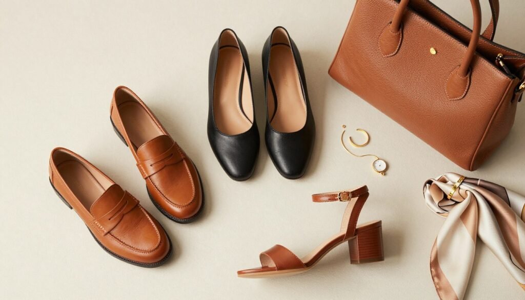 Collection of summer-appropriate work footwear including loafers, ballet flats, and minimal sandals
