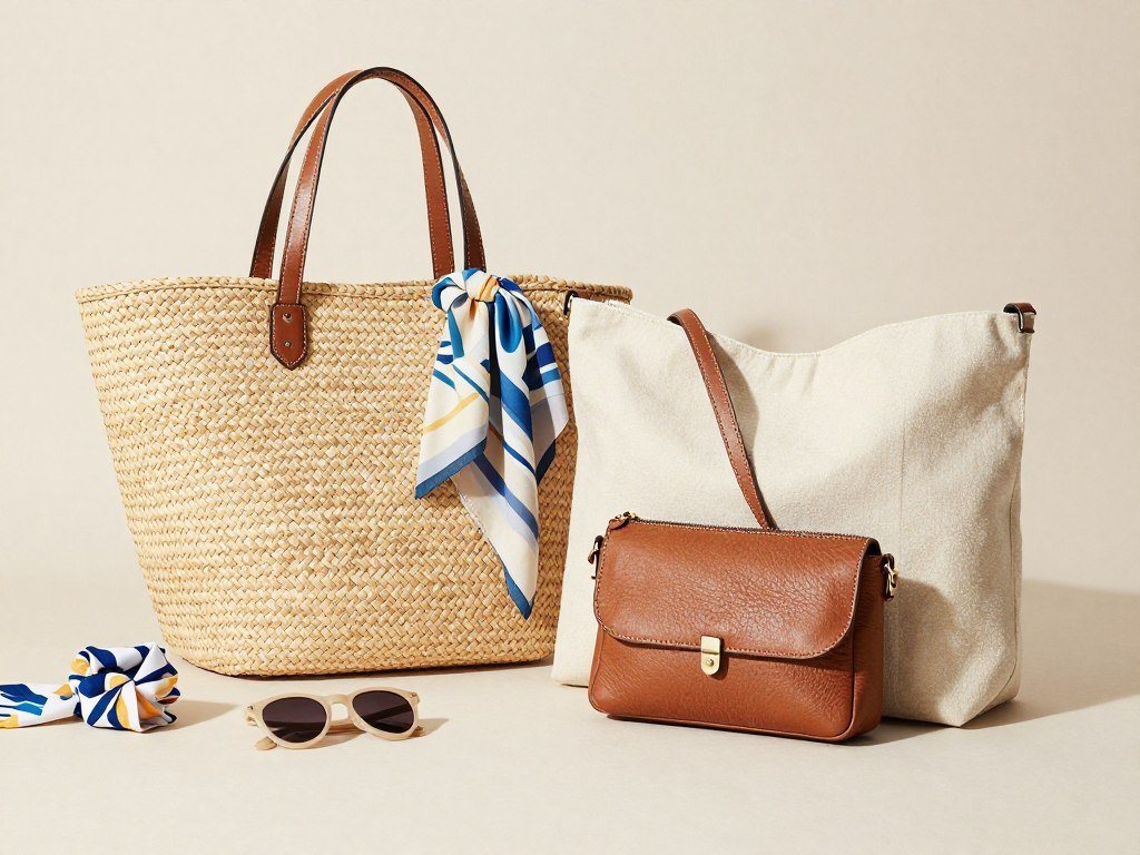 Collection of summer bags including straw tote, canvas bag, and small crossbody