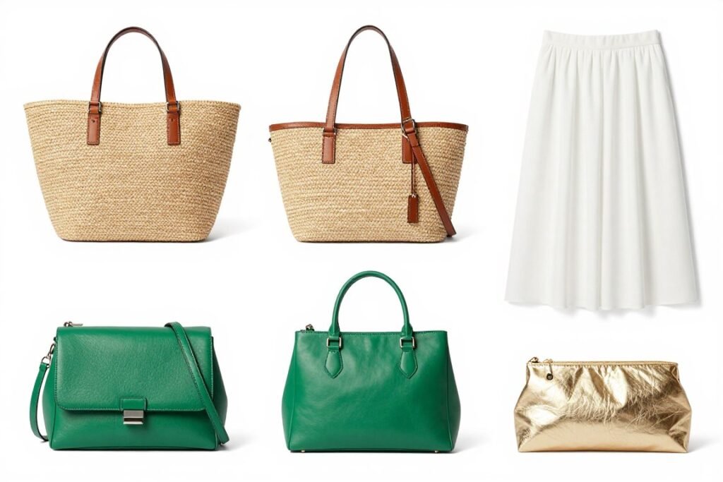 Collection of summer bags that pair well with white skirt outfits including raffia totes and colorful clutches