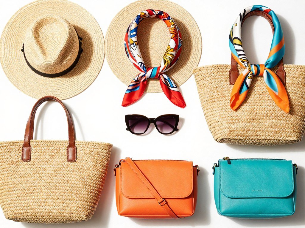 Collection of summer hats, scarves, and bags to accessorize jean skirt outfits