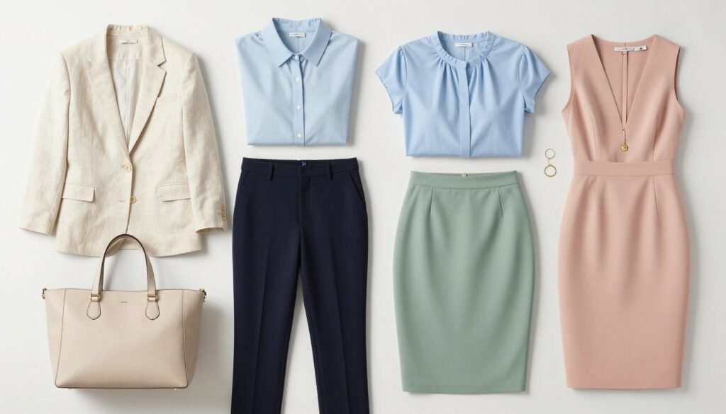 Collection of summer work outfits in office-appropriate color palette
