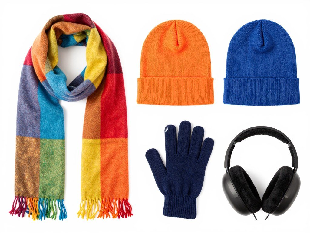 Collection of winter accessories including scarves, beanies, and gloves for school outfits