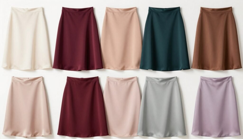 Color palette board showing elegant color combinations for styling satin skirts - neutrals, jewel tones, and pastels arranged aesthetically