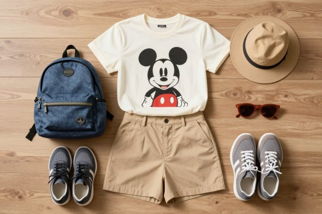 Comfortable Disney park outfit with Mickey t-shirt, shorts, and comfortable shoes