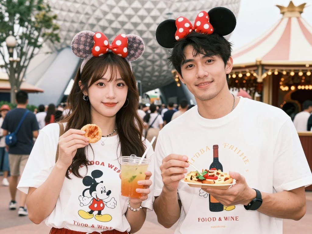 Couple wearing Epcot Food and Wine Festival themed Disney outfits