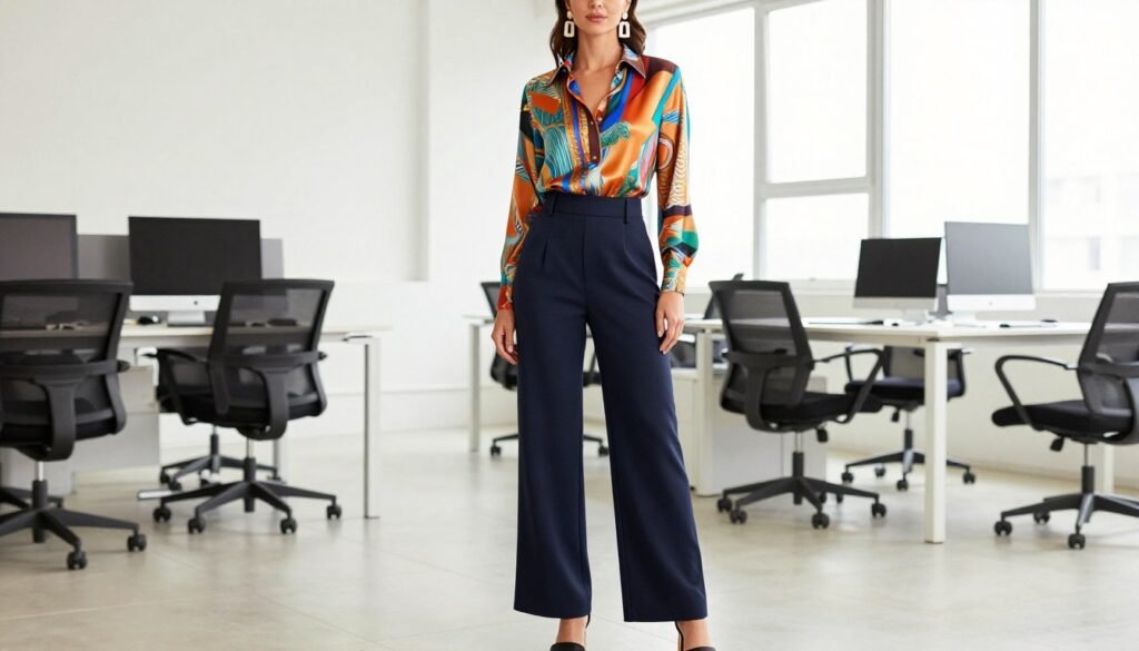 Creative professional summer work outfit with colorful blouse and wide-leg pants