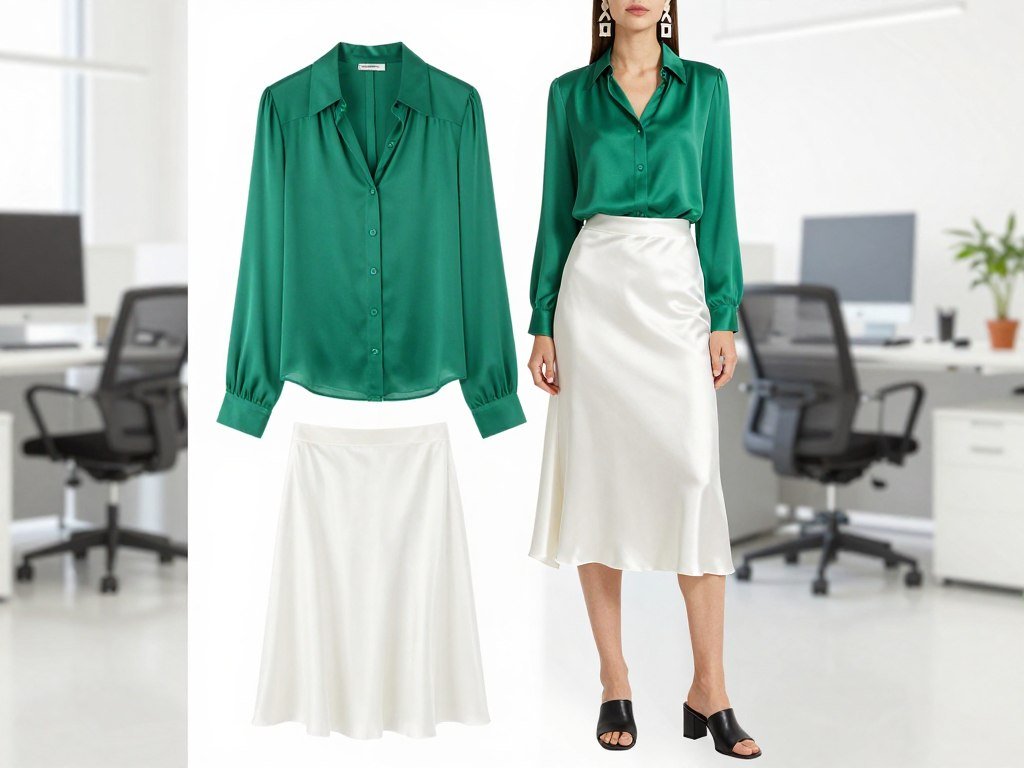 Creative professional wearing a white satin midi skirt with a colorful blouse and statement accessories