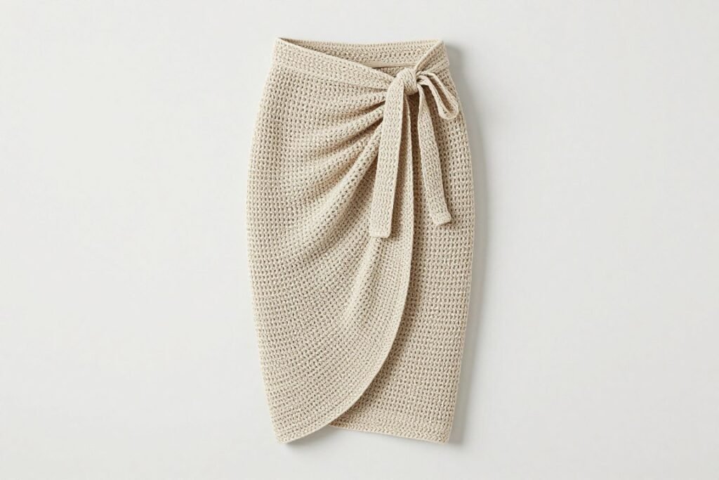 Crochet wrap skirt with tie closure showing adjustable fit design