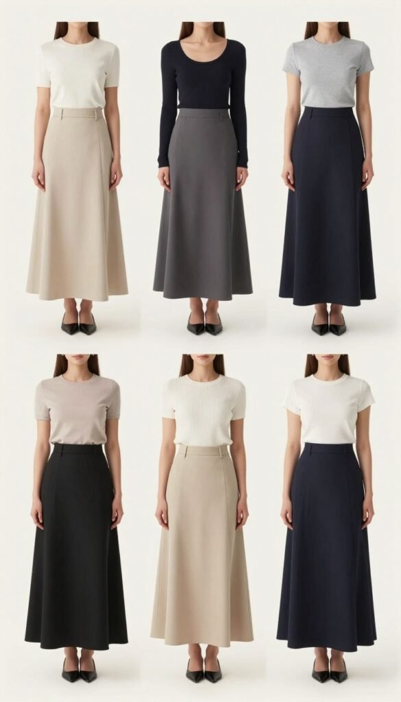 Demonstration of different ways to style maxi skirts for different body types