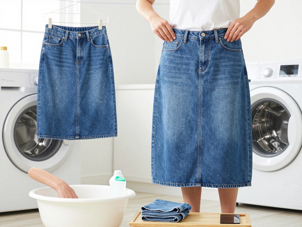 Denim midi skirt care demonstration - washing and maintaining denim midi skirt