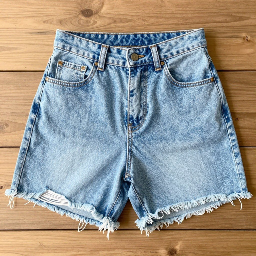 Denim shorts with frayed hem laid flat on wooden surface