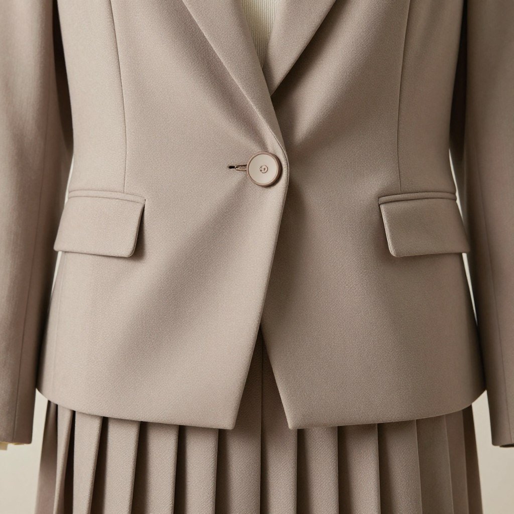 Detail shot of a sculptural blazer's unique closure or architectural detail