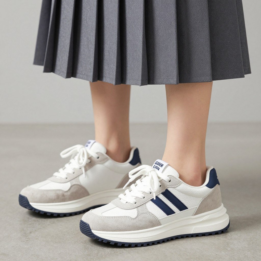 Detail shot of trendy sneakers paired with pleated skirt hem showing the modern styling combination