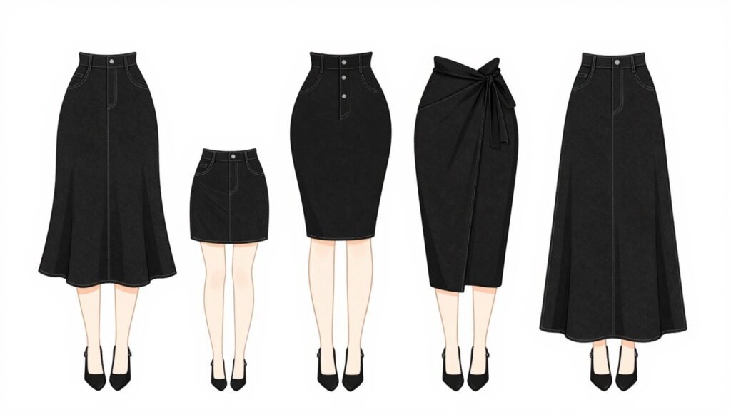 Different black denim skirt styles that flatter various body types