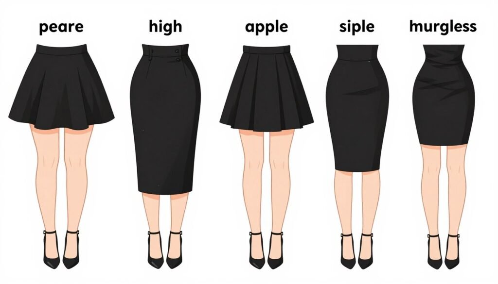 Different black mini skirt styles for various body types