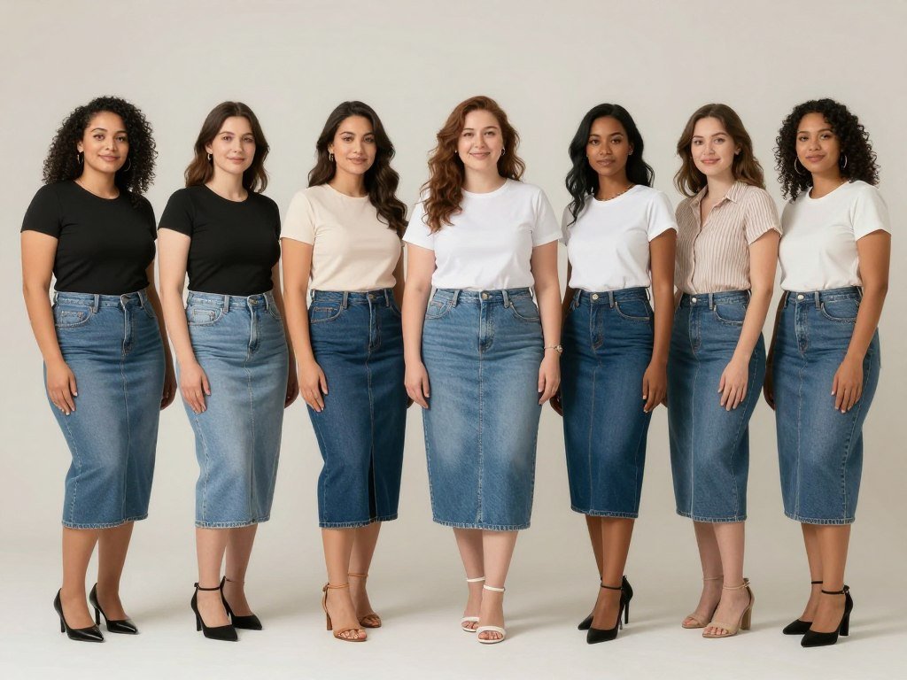 Different denim midi skirt styles on various body types - finding the right denim midi skirt outfit