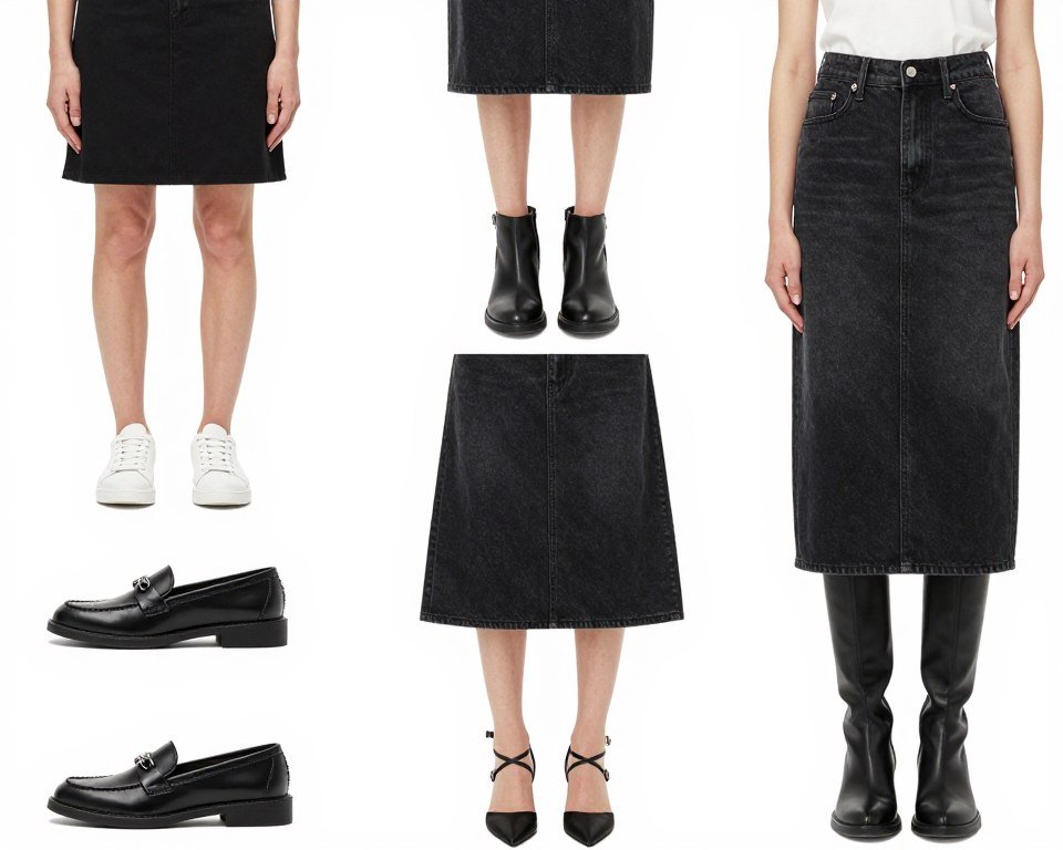 Different footwear options paired with black denim skirts from casual sneakers to elegant heels