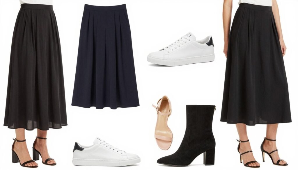 Different footwear options paired with maxi skirts