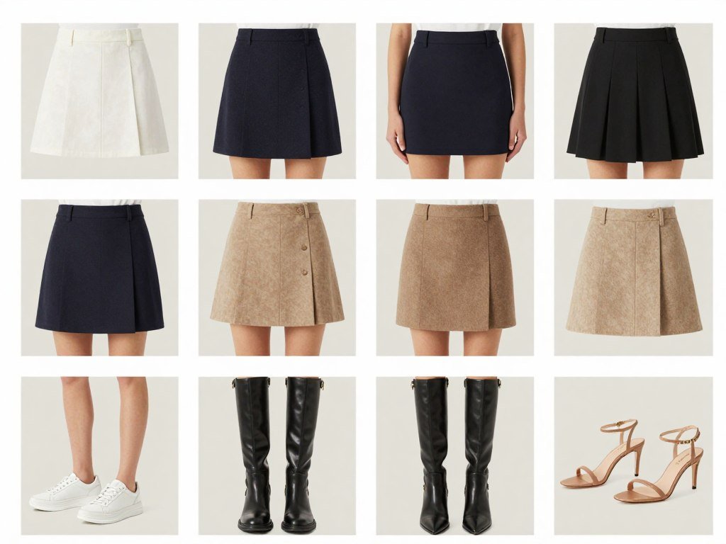 Different footwear options paired with mini skirts showing how shoes transform the outfit