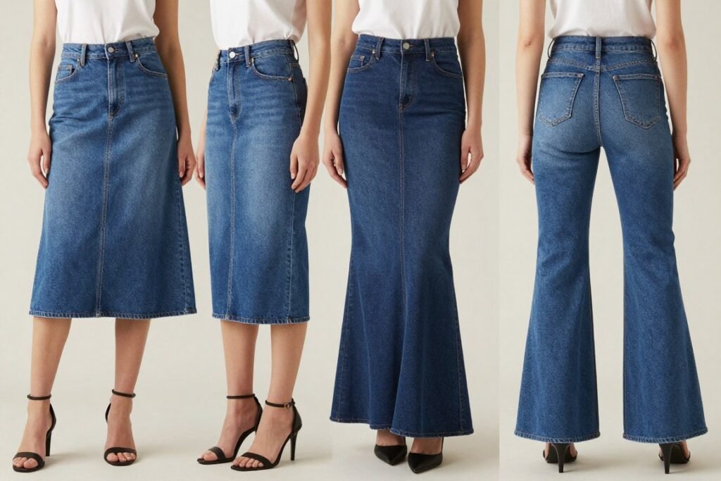 Different midi jean skirt silhouettes on various body types