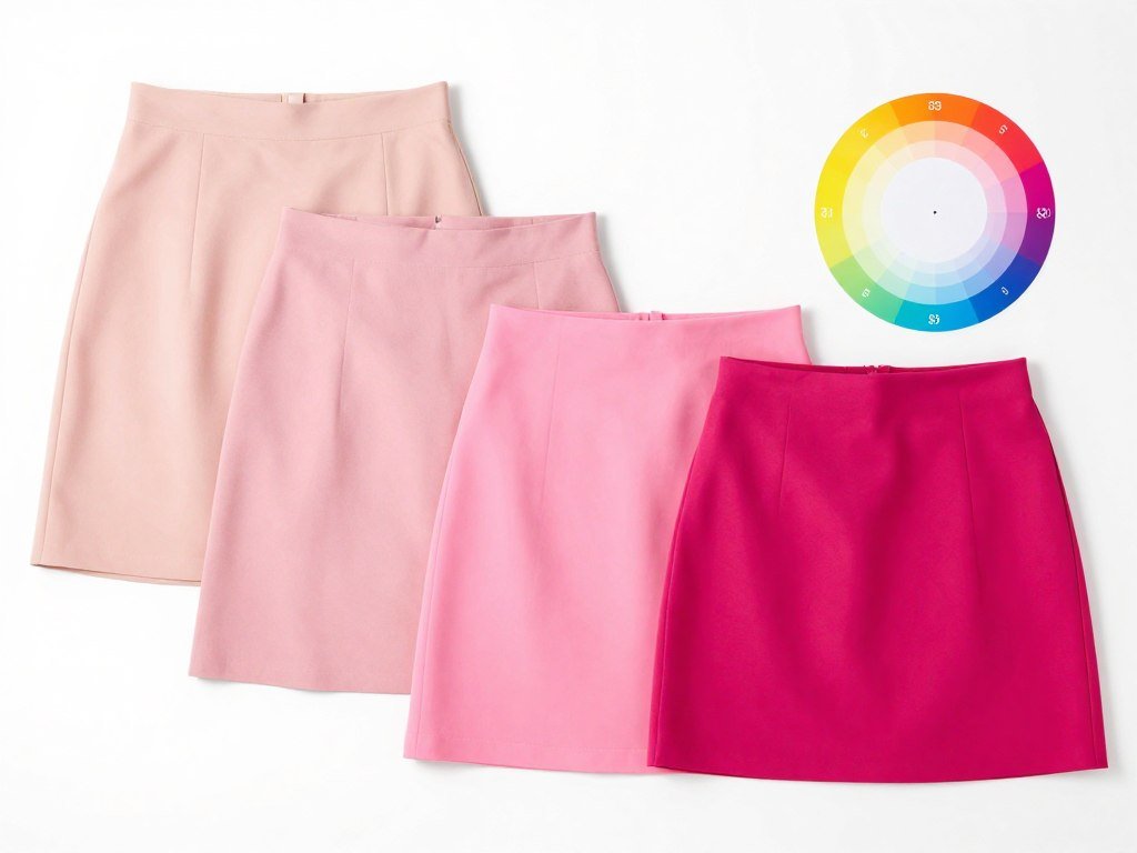 Different shades of pink skirts displayed with color wheel showing complementary colors