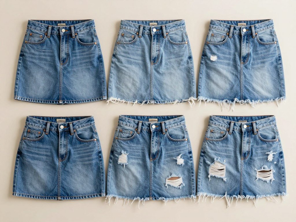 Different styles of short jean skirts on various body types