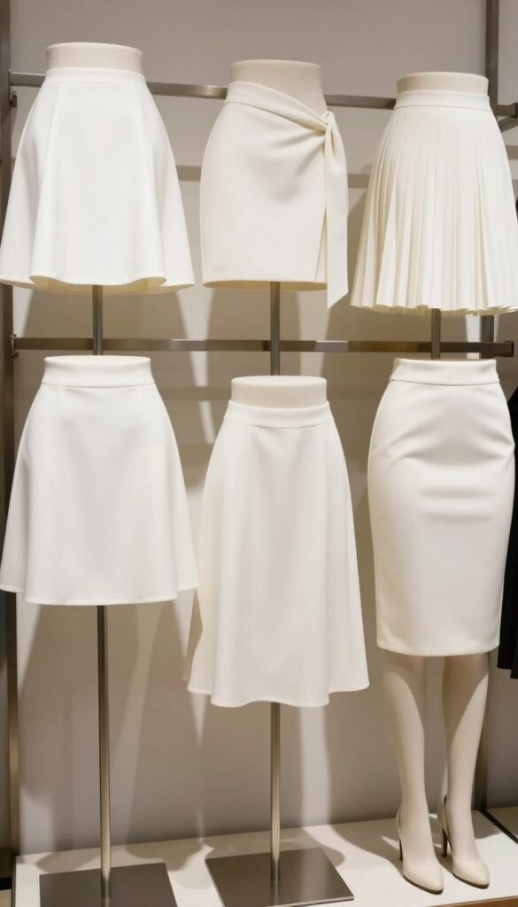 Different styles of short white skirts displayed on mannequins showing various cuts and designs