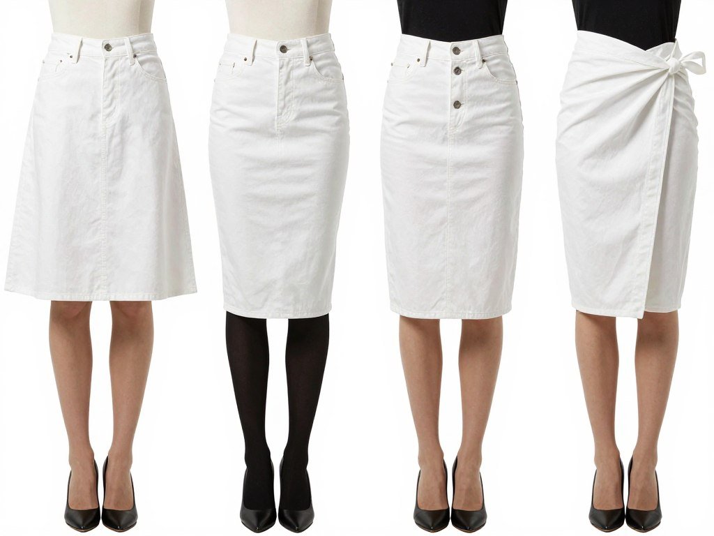 Different white denim skirt silhouettes side by side