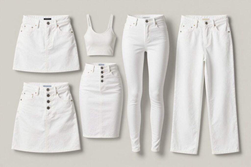 Different white denim skirt styles and fits