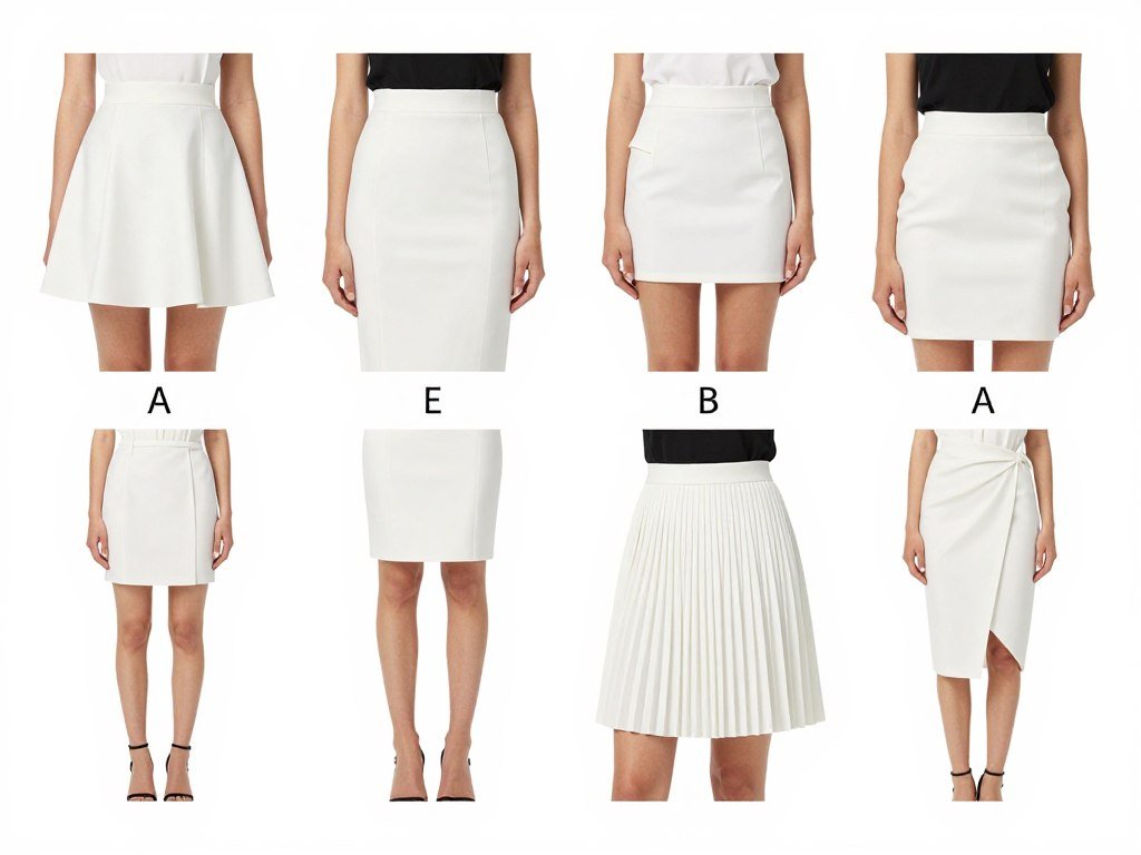 Different white mini skirt styles shown on models of various body types