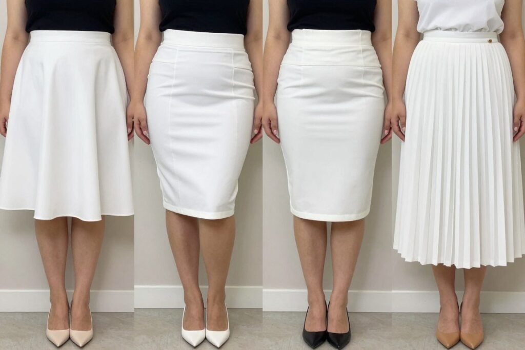 Different white skirt silhouettes on various body types showing flattering fits