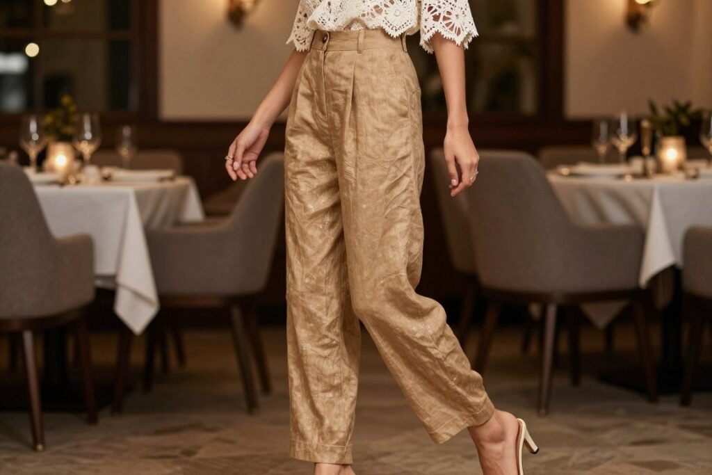 Dinner date outfit with tan linen pants and lace blouse