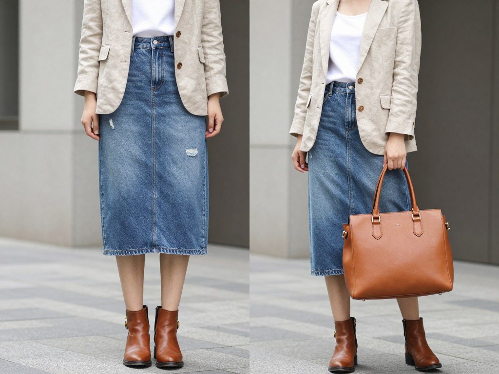 Distressed denim skirt styled with a beige linen blazer, simple white tank top, leather ankle boots, and structured handbag for a sophisticated summer jean skirt outfit
