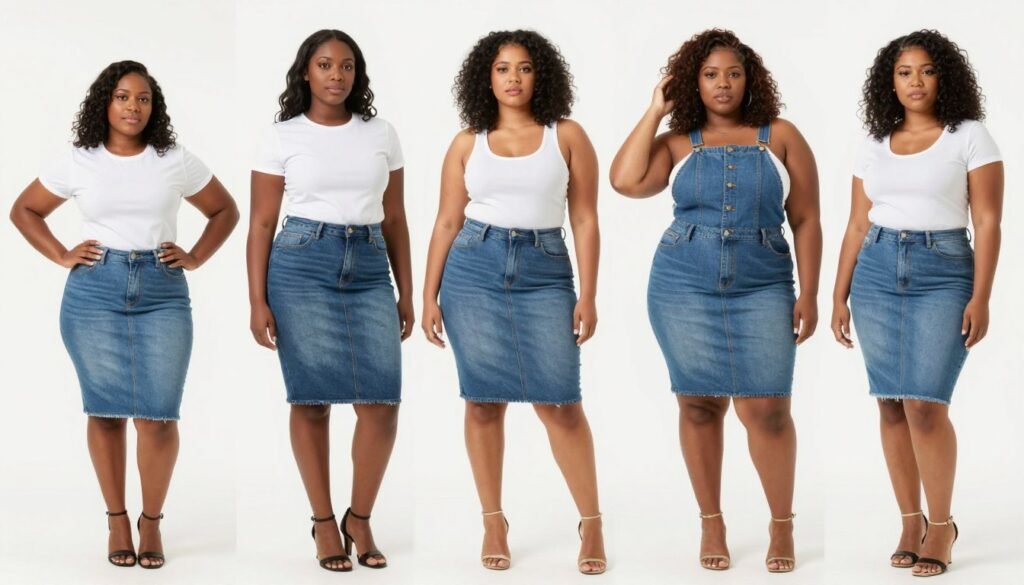 Diverse group of Black women with different body types wearing jean skirts