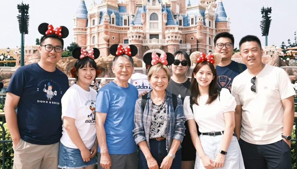 Diverse group of people in various Disney outfits enjoying time together at Disney park
