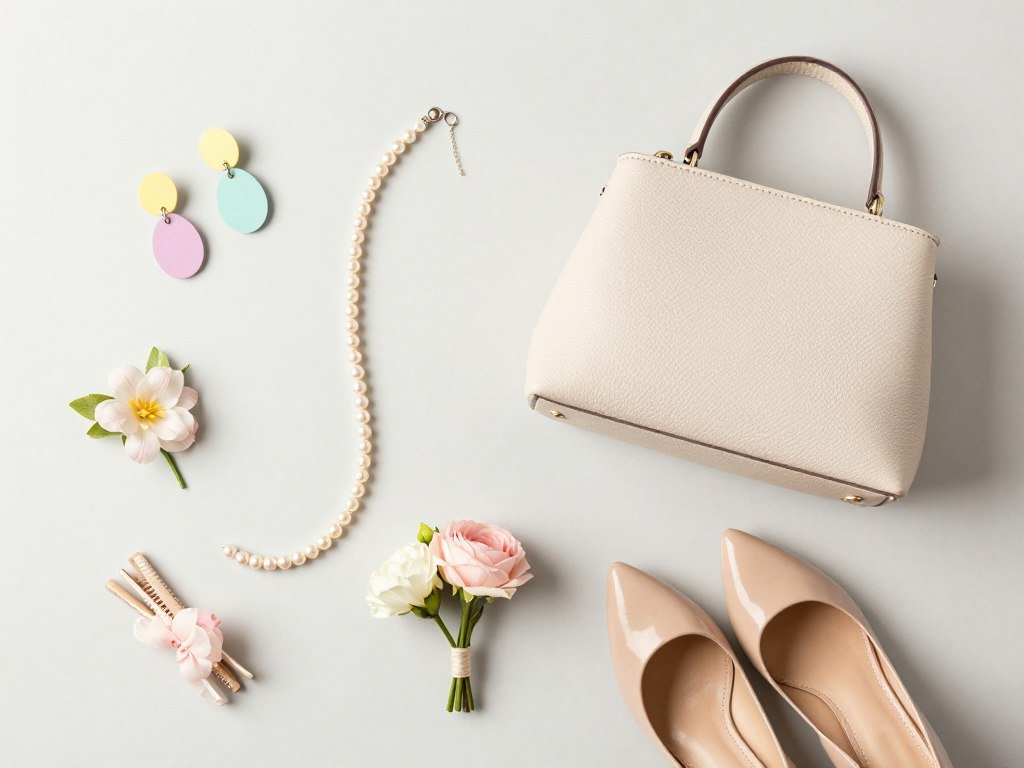 Easter accessories including pastel jewelry, handbag and shoes