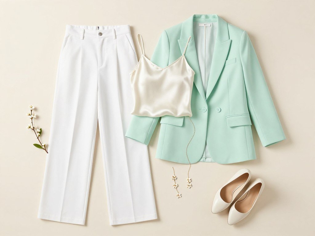 Easter outfit with pastel blazer, white pants and floral accessories