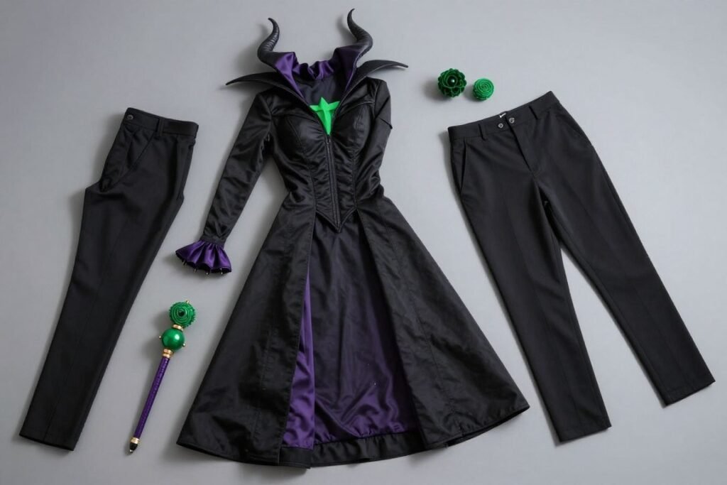 Elegant black outfit with purple and green accents inspired by Maleficent