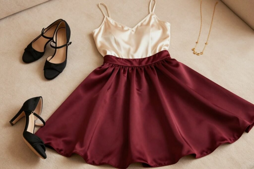 Elegant date night outfit featuring a satin bubble skirt paired with a silk camisole and strappy heels
