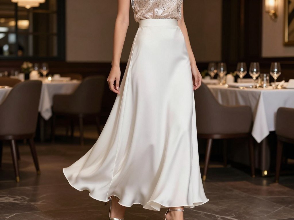 Elegant formal dinner outfit with white satin maxi skirt and sequined top