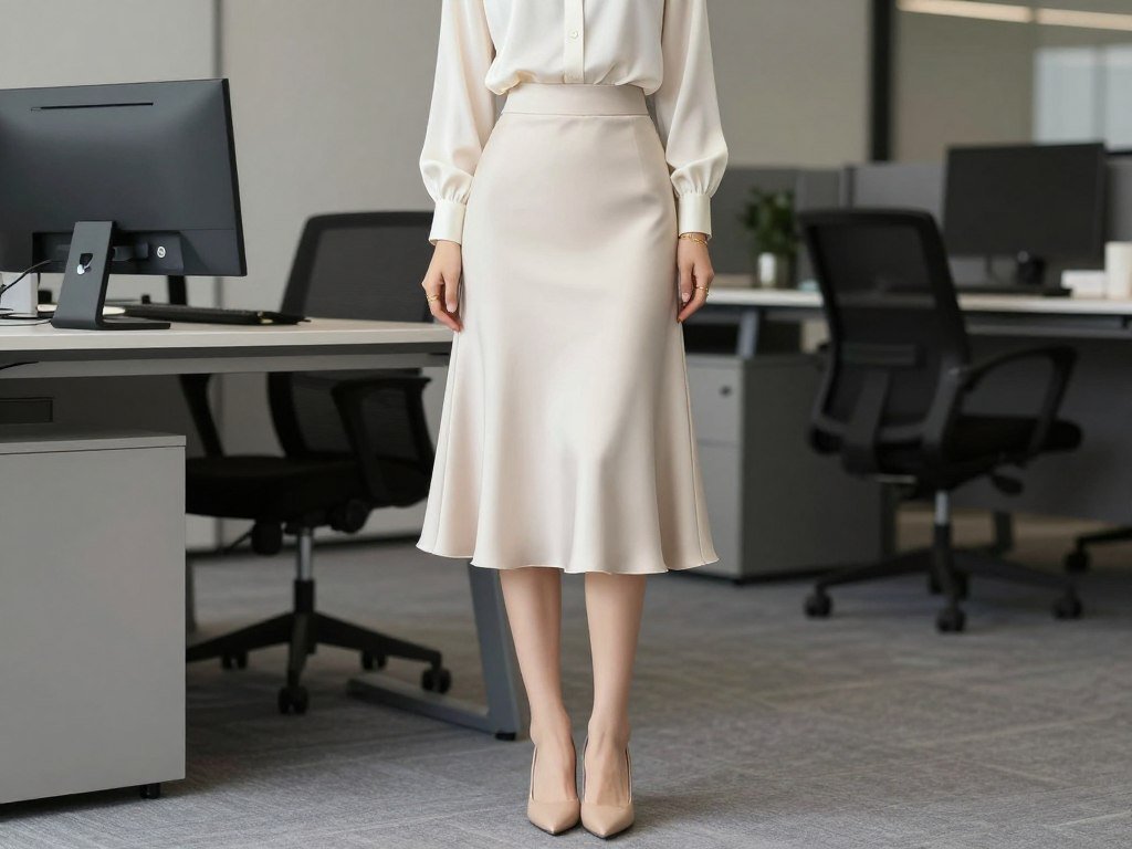 Elegant monochromatic outfit with cream satin skirt and matching silk blouse for office wear