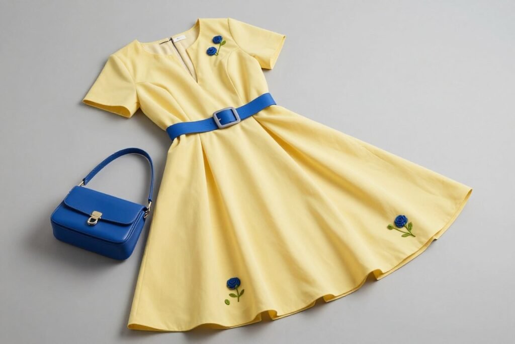 Elegant yellow dress with rose accessories inspired by Belle