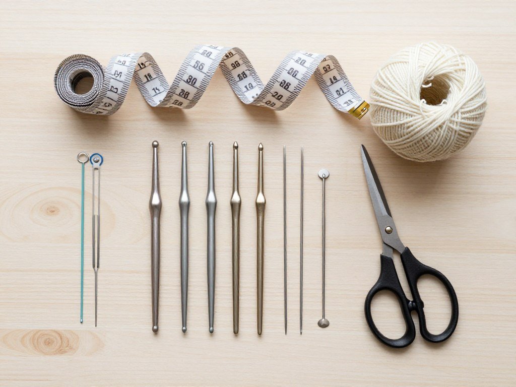Essential crochet tools laid out for a skirt project