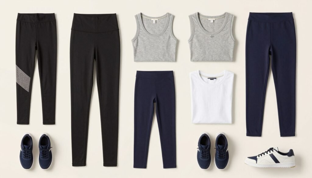 Essential leggings wardrobe pieces for school displayed together