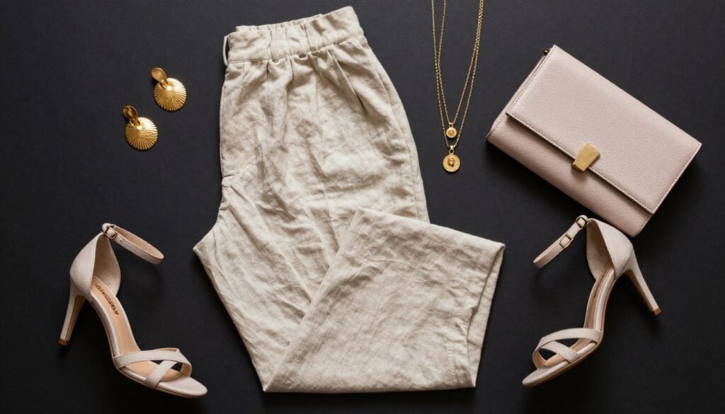Evening accessories for beige linen pants outfit