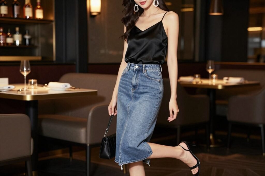 Evening outfit with midi jean skirt, silk camisole and strappy heels